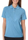 Columbia Blue colored UltraClub 8445W Ladies Cool & Dry Stain-Release Performance Polo Shirt with Embroidery.