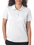 White colored UltraClub 8210W Ladies Cool & Dry Mesh Pique Polo Shirts with Embroidery.